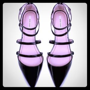 Zara black leather patent flats sexy straps 7, 37